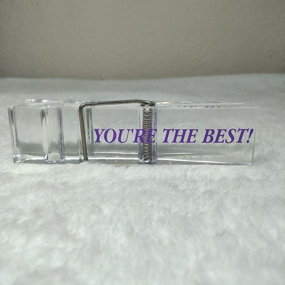 YOU'RE THE BEST Vintage Large Lucite Clothes Pin Paper Holder Paperweight Purple